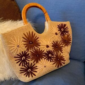Vintage Kate Landry Straw Tote with Daisies